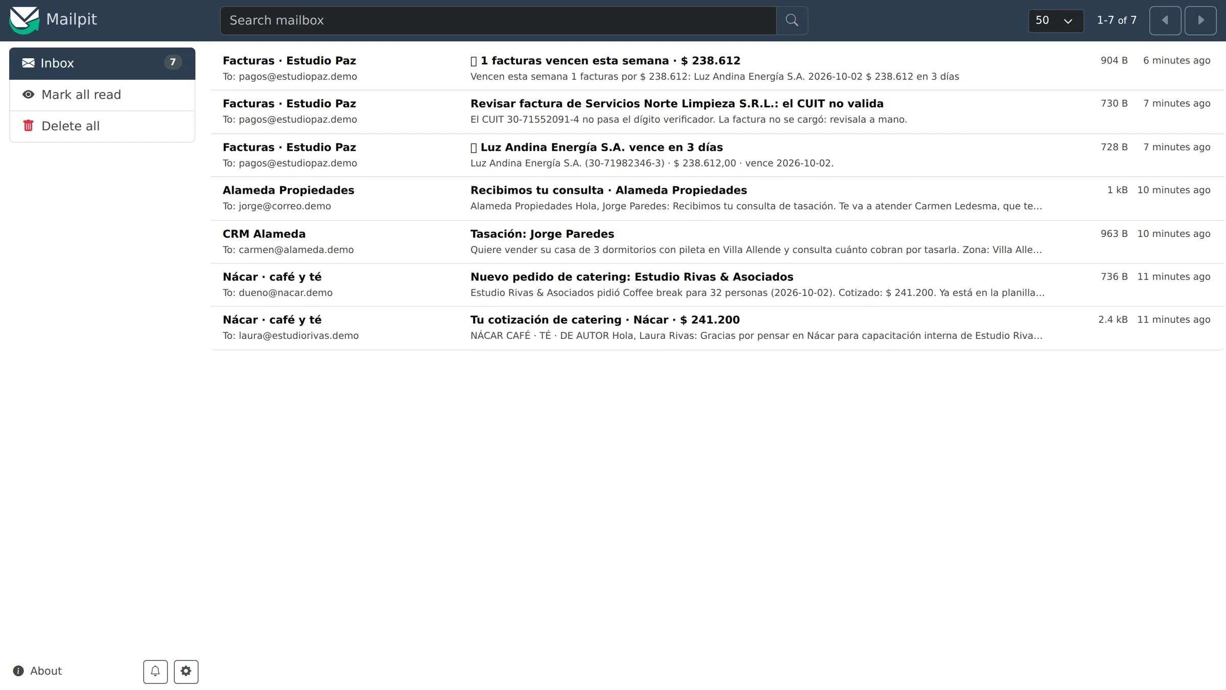 Buzón de prueba con los mails que mandaron los flujos